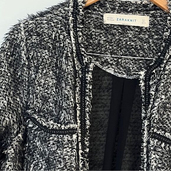 Zara Knit Black White Boucle Open Front Longline Cardigan Coat Jacket Sz L - Picture 6 of 10